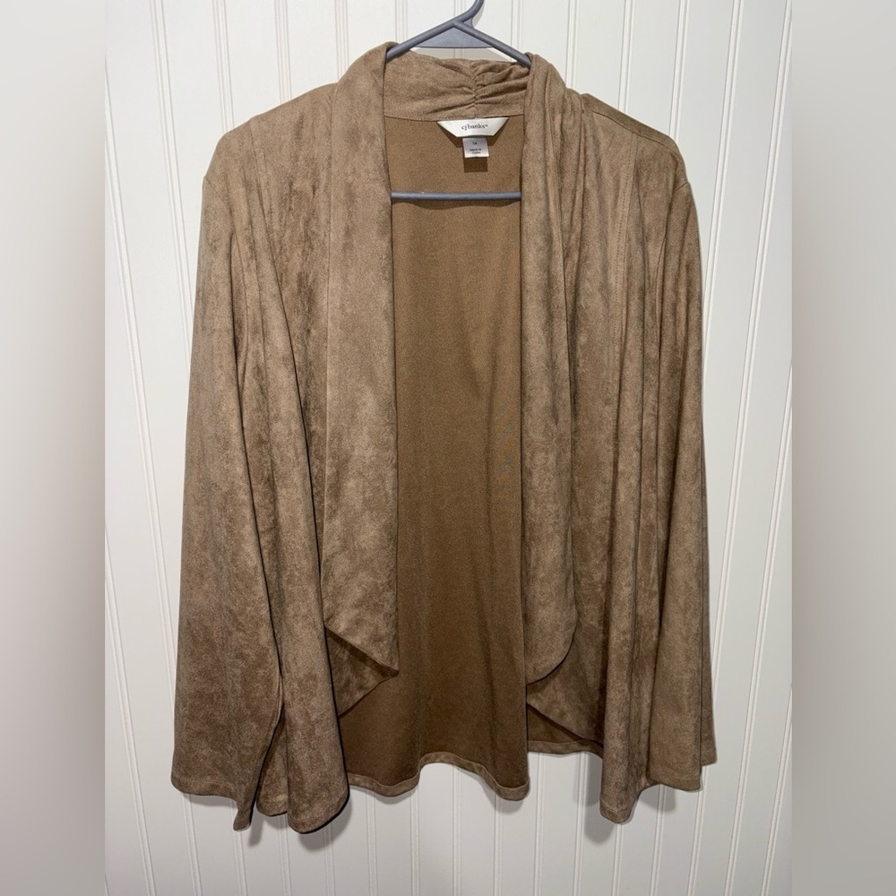 CJ Banks Suede-like Tan Open Front Cardigan| Size 1x